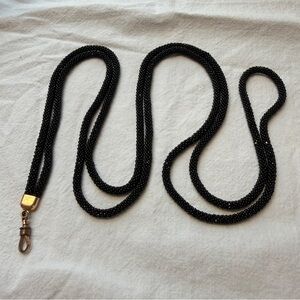 Antique Jet Black Glass Seed Bead Woven Rope Lorgnette Watch Chain 60" Gold fill
